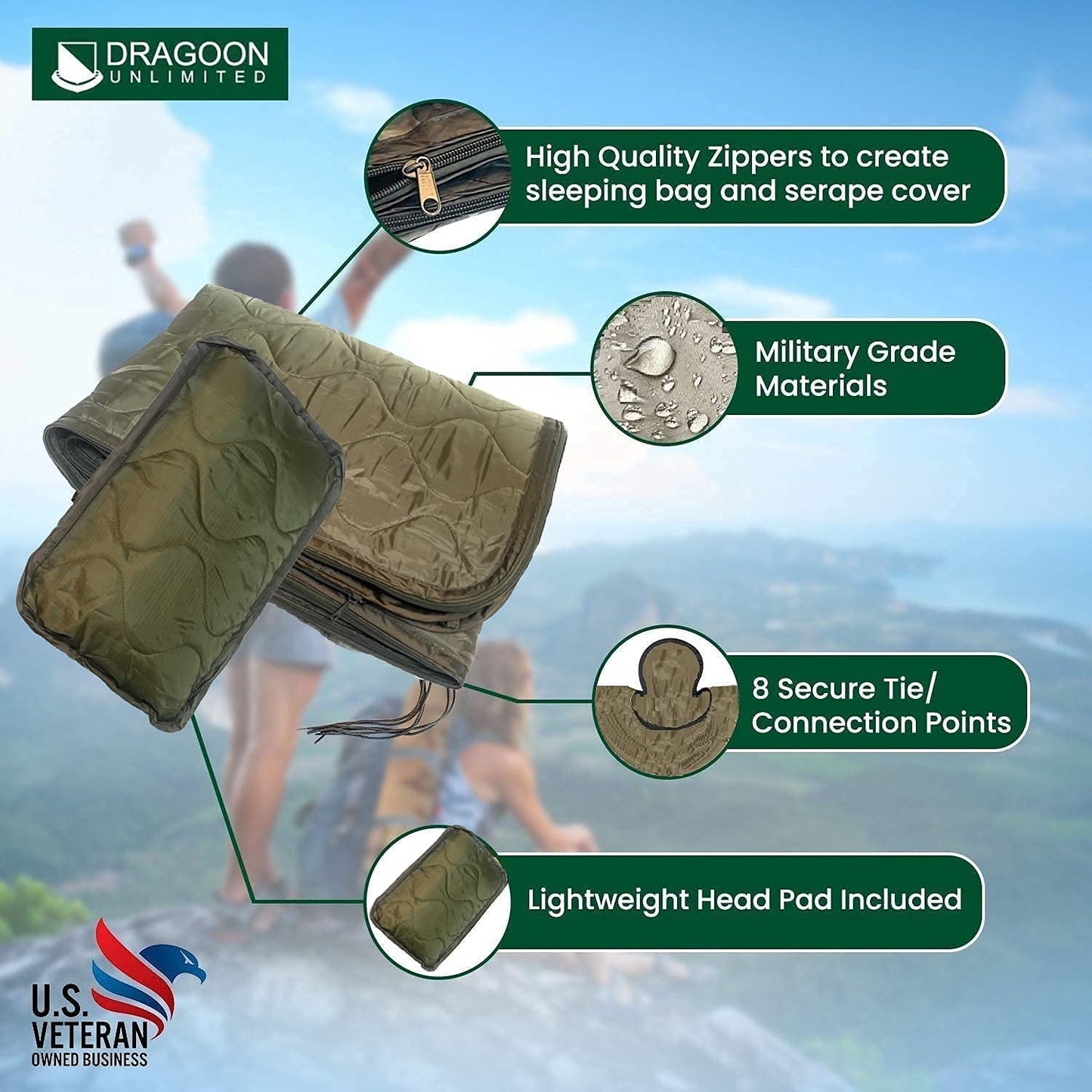 "Trail Rider" Olive Drab, 3-Sided Zippered Poncho Liner with Zippered Headport, Stuff and Head Pad