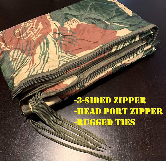 "Fire Force" Rhodesian Brushstroke Camo, 3-Sided Zippered Poncho Liner with Zippered Headport, Stuff and Head Pad